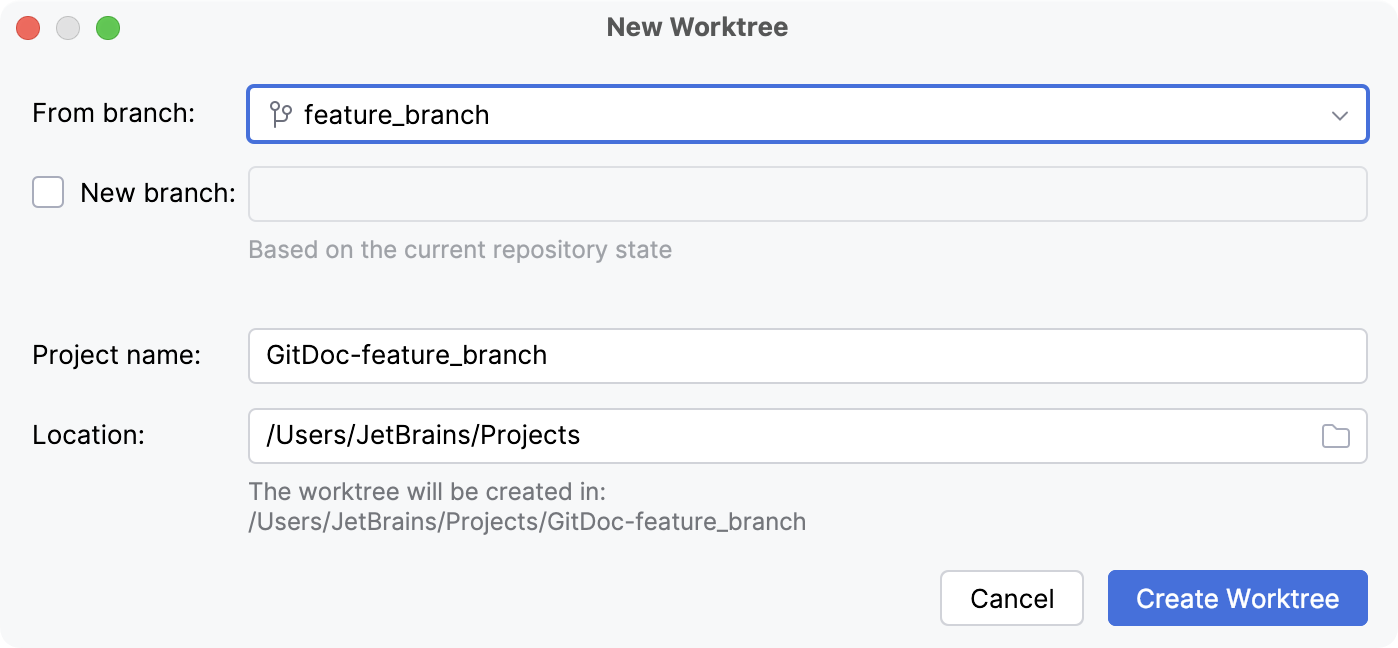 New Worktree dialog New Worktree dialog