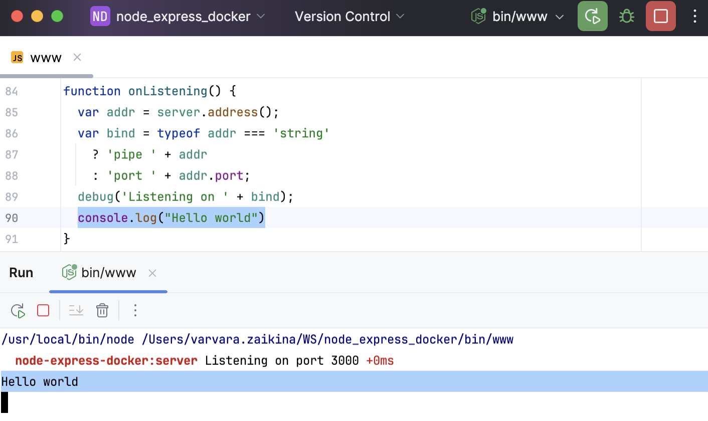 Hello world  in the Run tool window