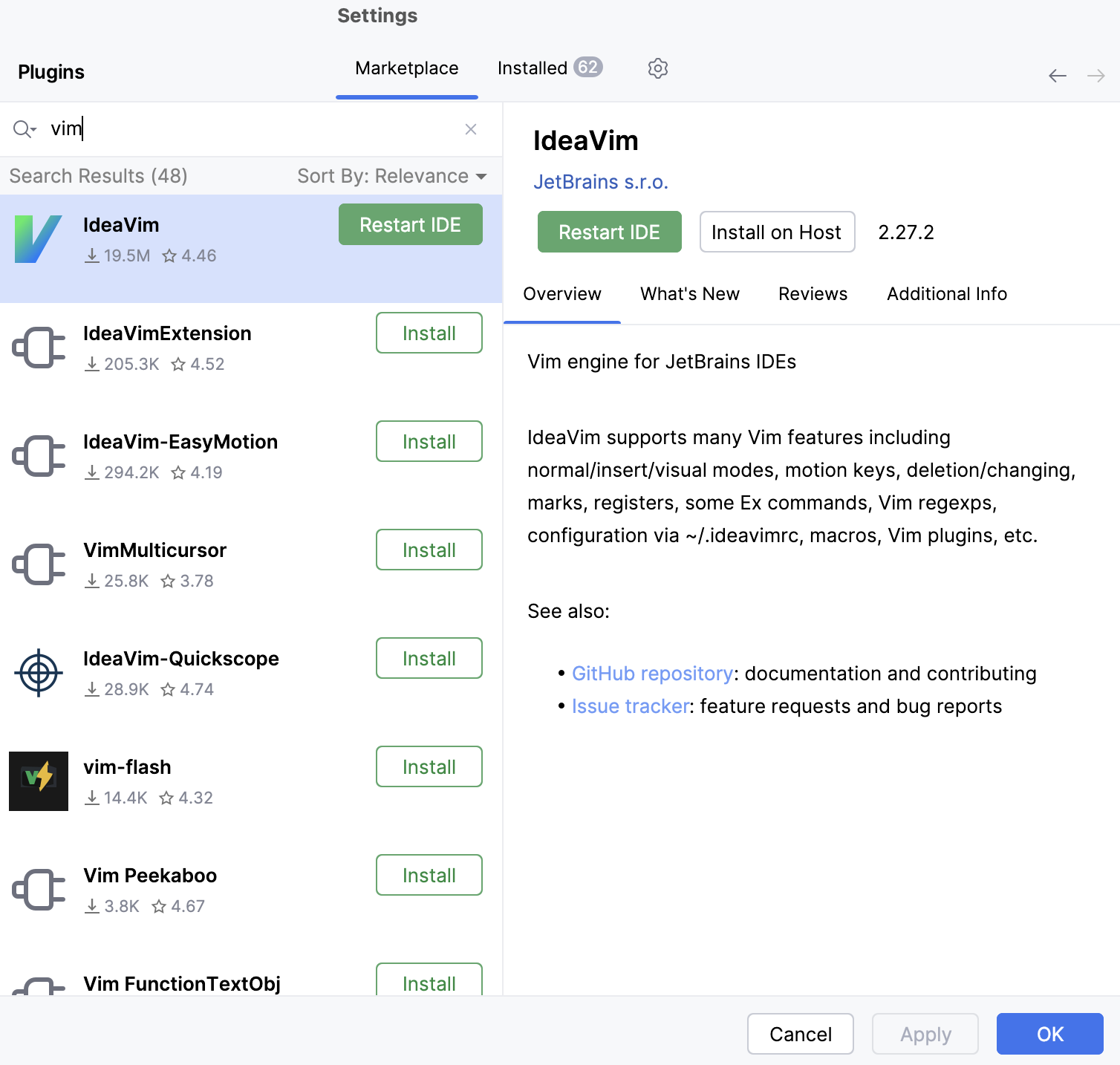 The Plugins settings dialog
