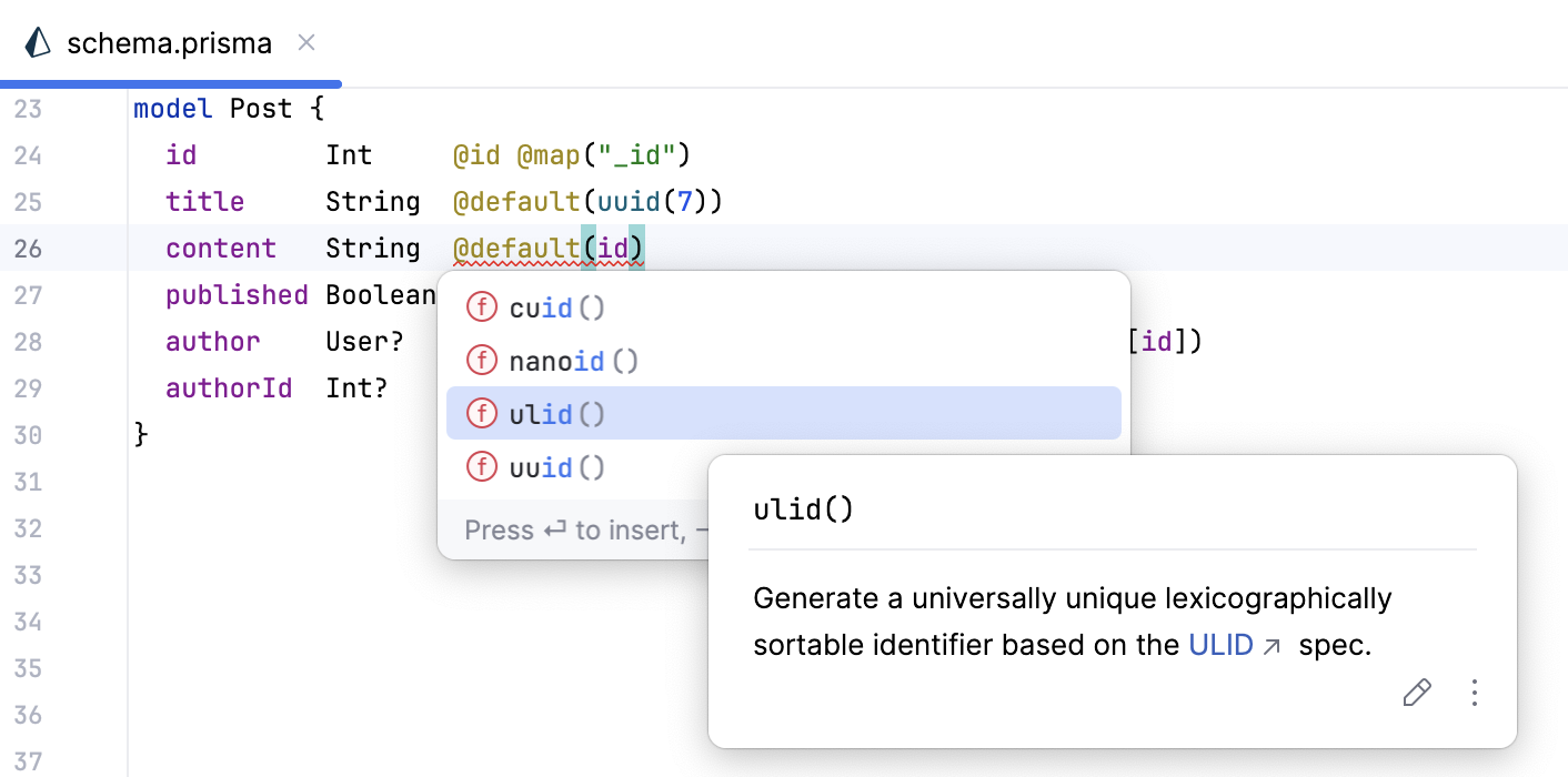 Completion in Prisma Schema