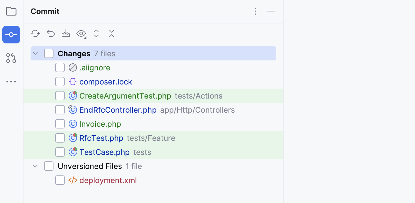 Files with various statuses in the Commit tool window