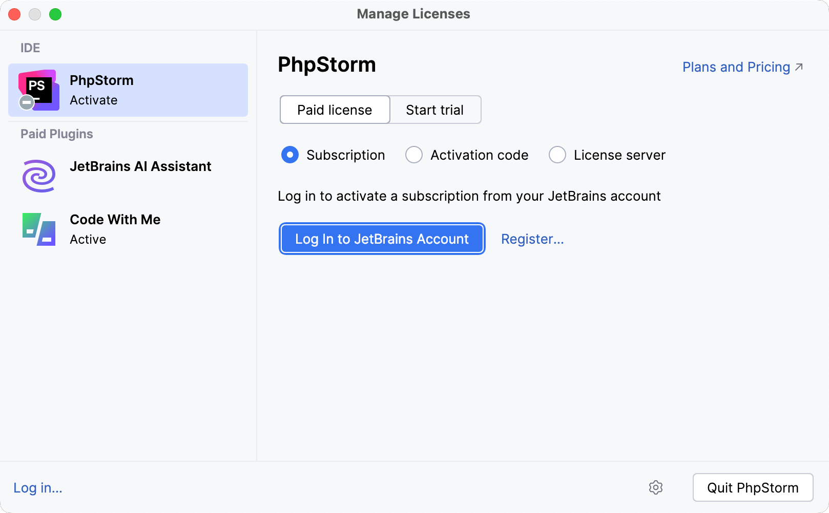 Activate PhpStorm license with a JB Account