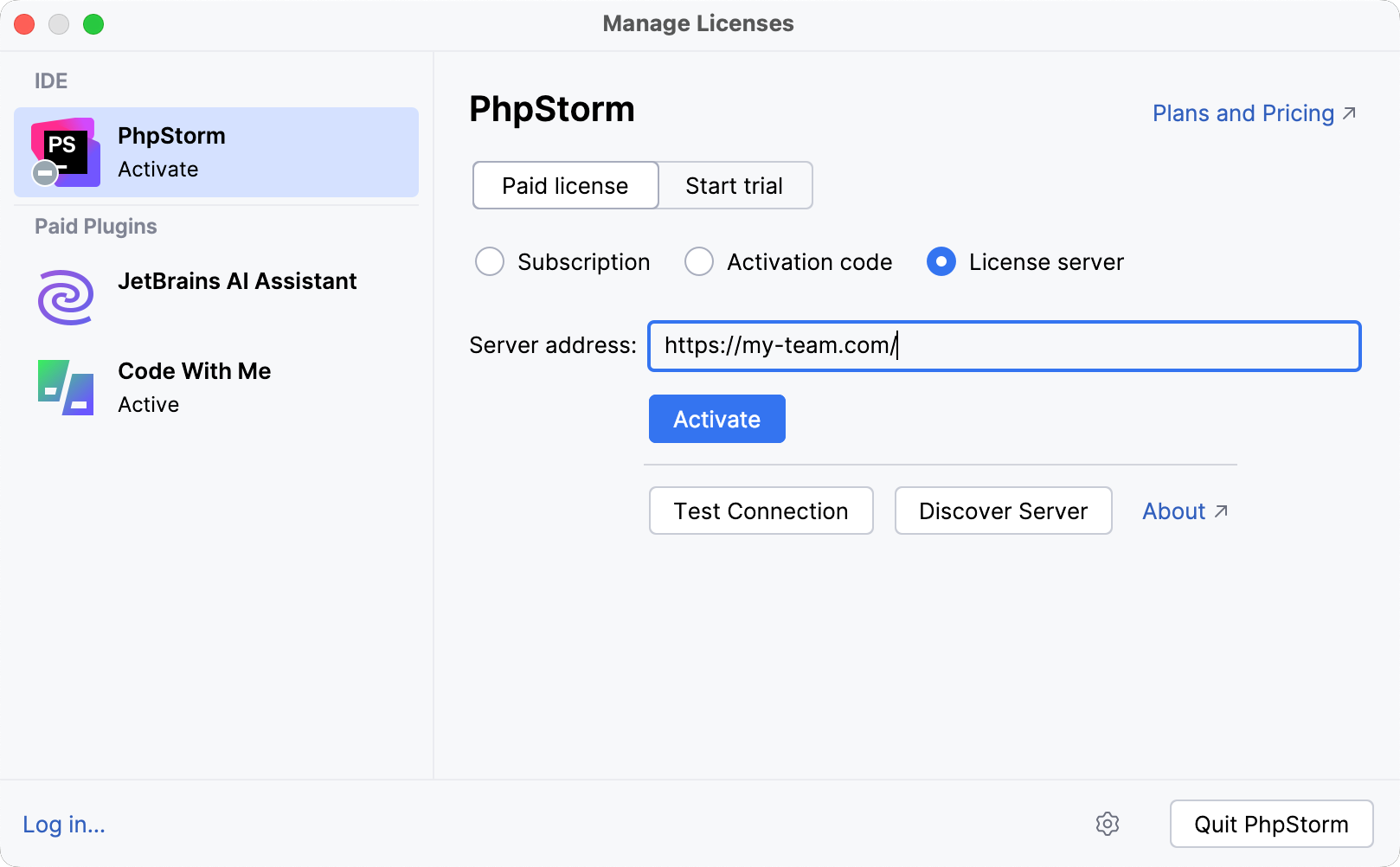 Activate PhpStorm license with a license server