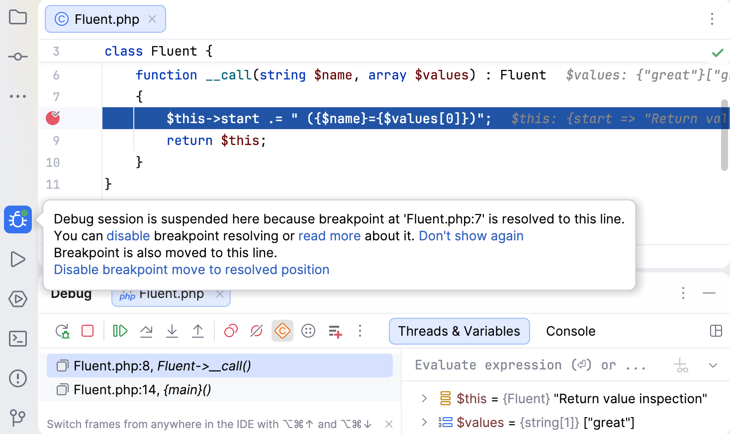 Resolved breakpoint with notification