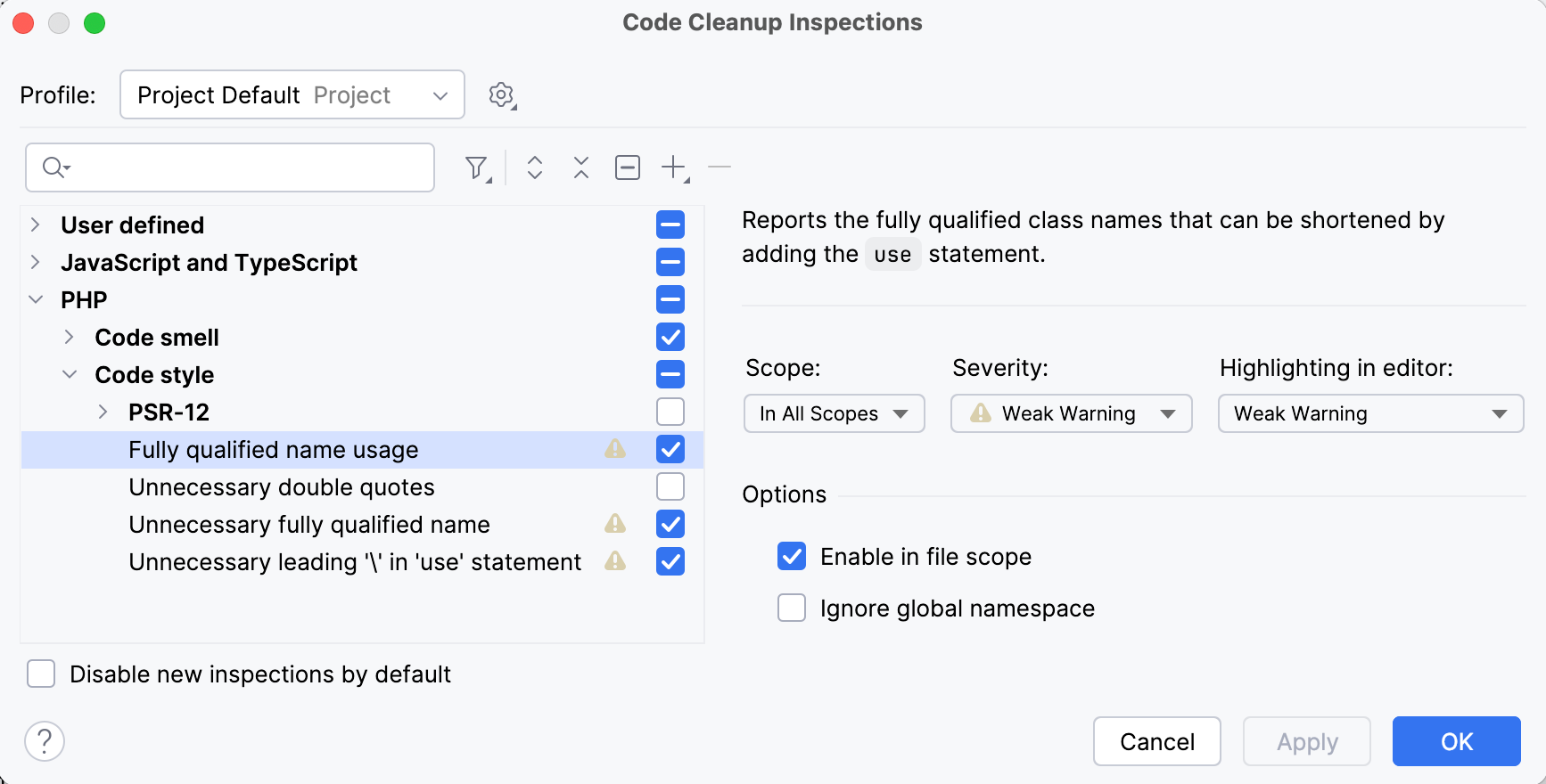 the Code Cleanup Inspections dialog: FQN Inspections the Code Cleanup Inspections dialog: FQN Inspections
