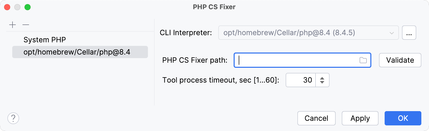 Empty PHP CS Fixer path field