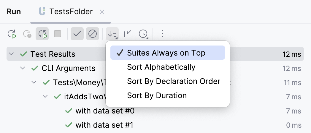 Filter test results options in the tests results toolbar