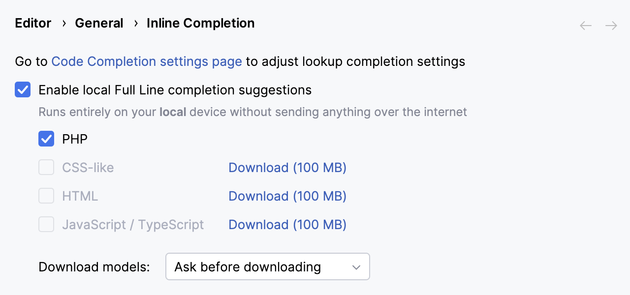 Enabling full line code completion