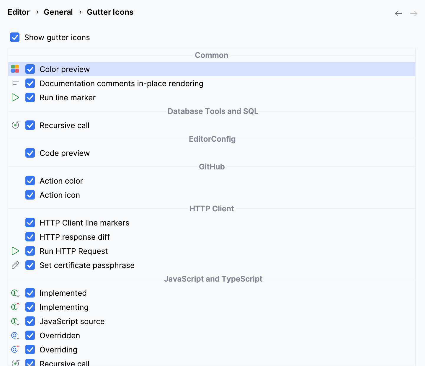 Gutter icons settings in the Settings dialog Gutter icons settings in the Settings dialog