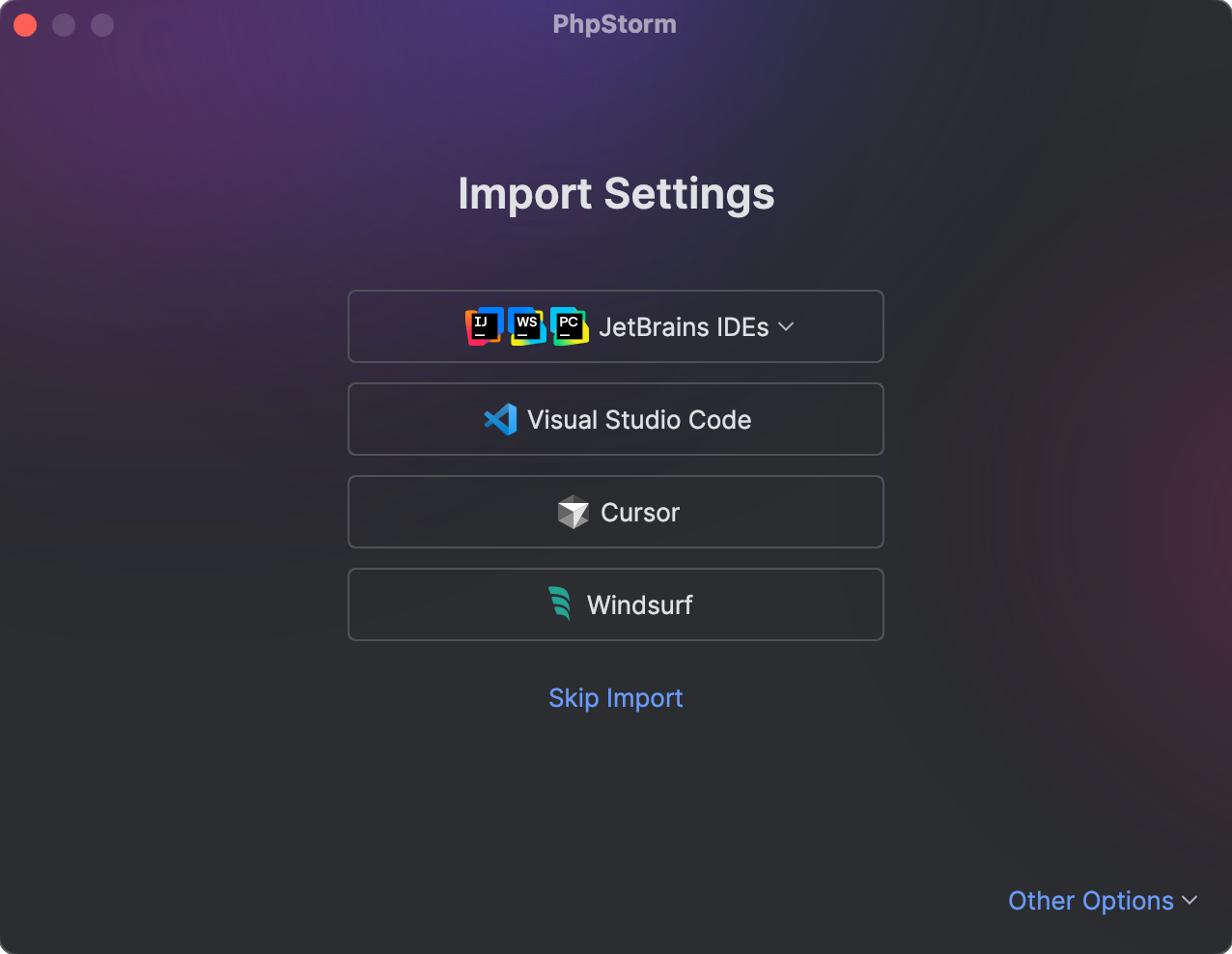 The Import Settings dialog with the cursor on the Visual Studio Code button