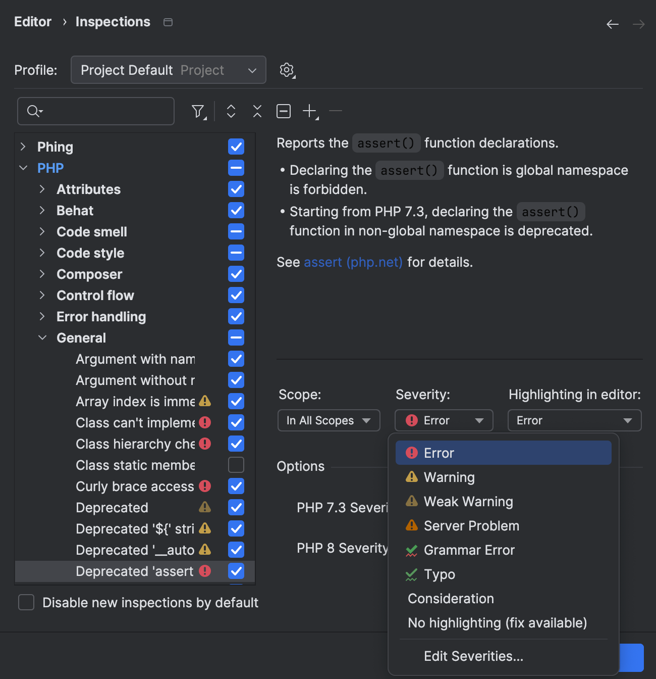 Change inspection severity | PhpStorm Documentation