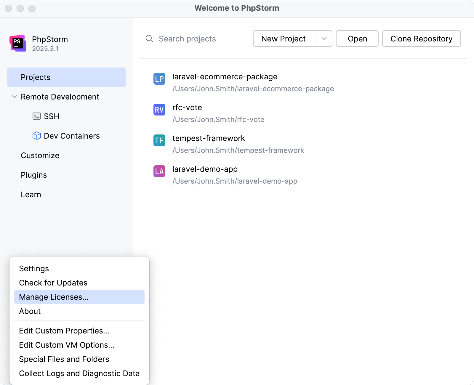 PhpStorm: Licenses dialog