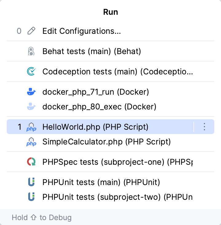 Run configuration popup selector Run configuration popup selector