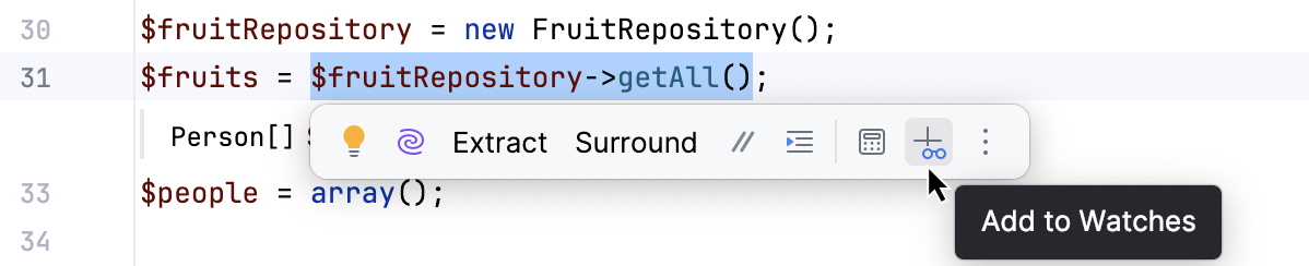 Add to Watches button in the floating toolbar