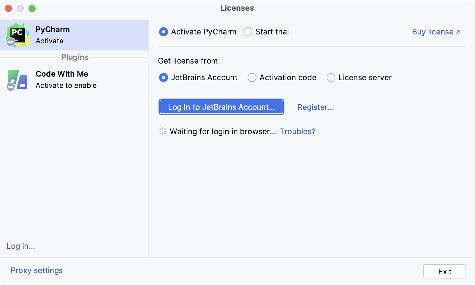 使用 JetBrains 帐户激活 PyCharm 许可证