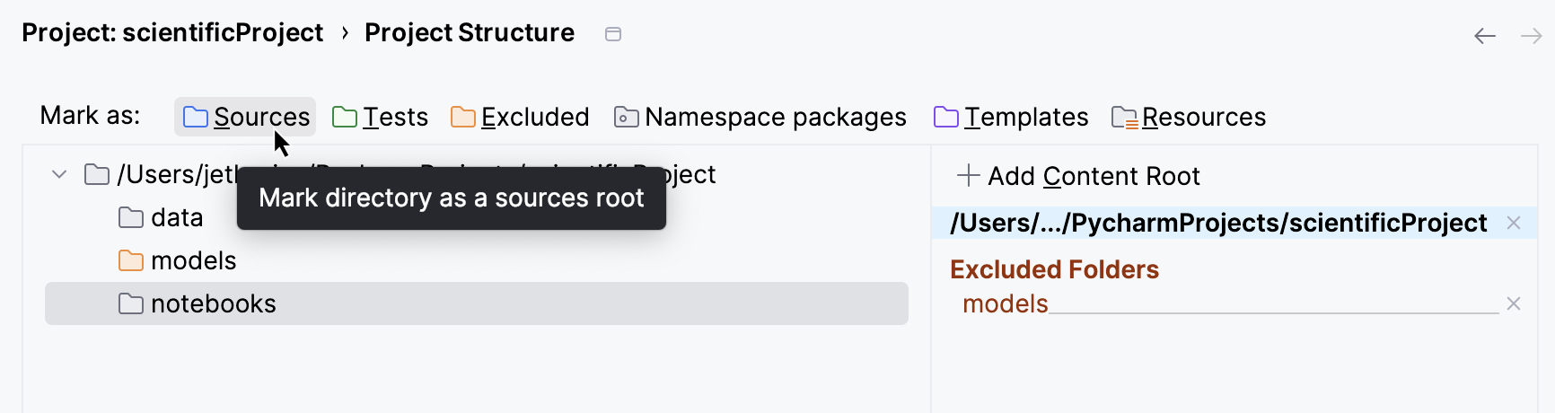 Assign a category to a folder in the project settings