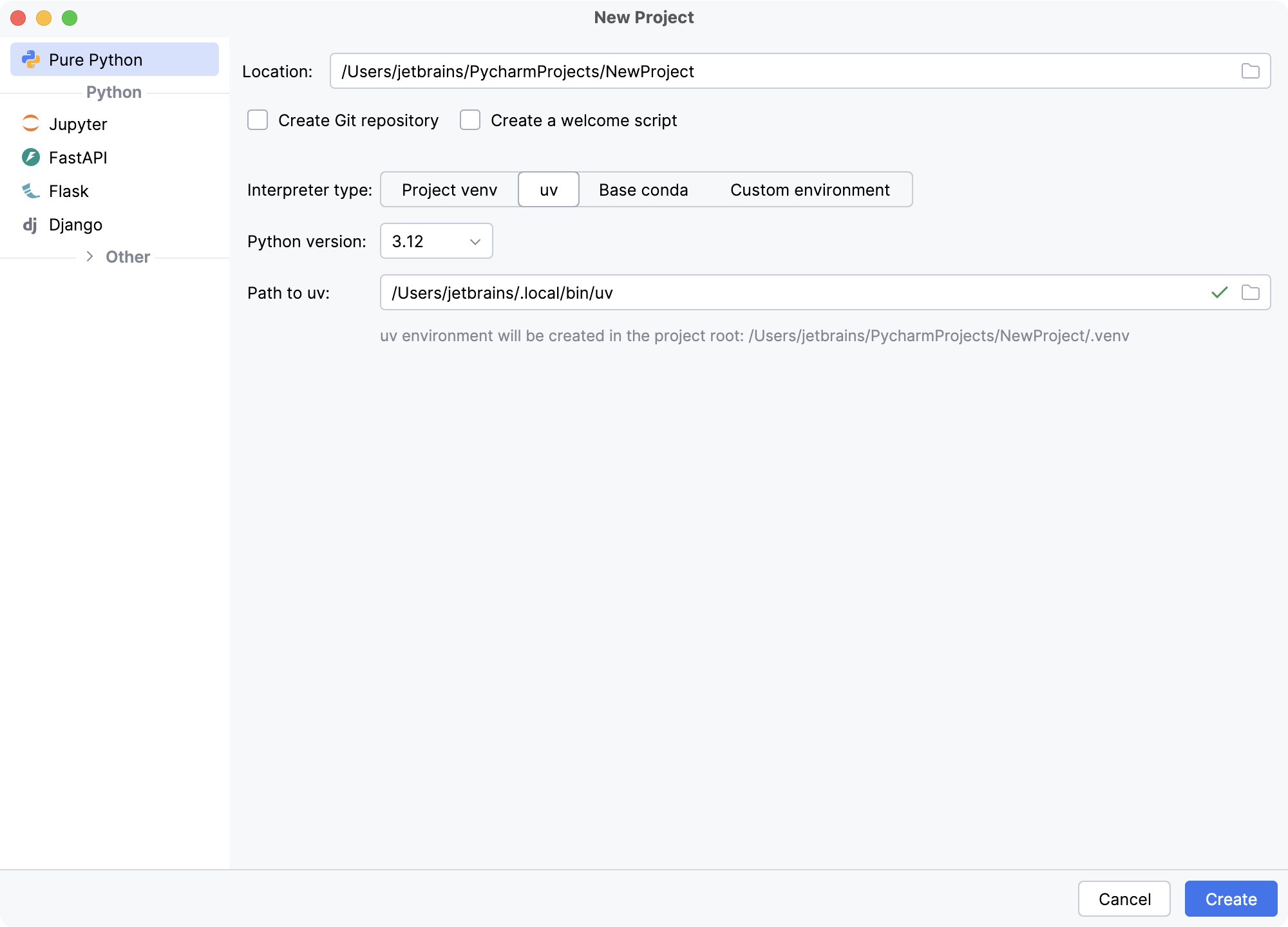 Creating a new project in PyCharm Pro