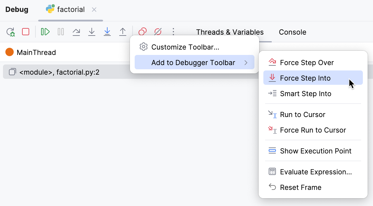 Customize Debugger Toolbar - add actions