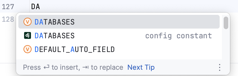 Completion for configuration constants in settings.py file Completion for configuration constants in settings.py file