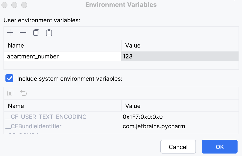 Environment variables field Environment variables field