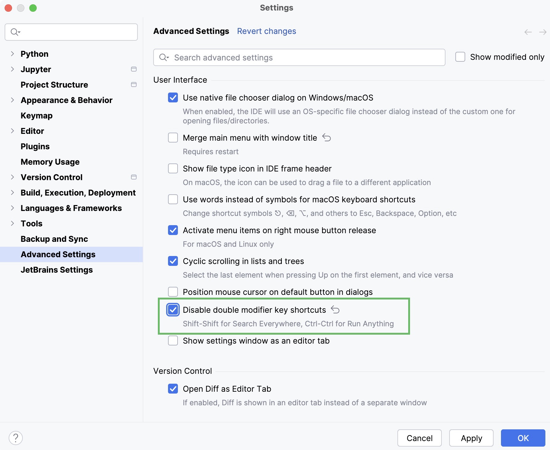 Disabling the double-key shortcuts