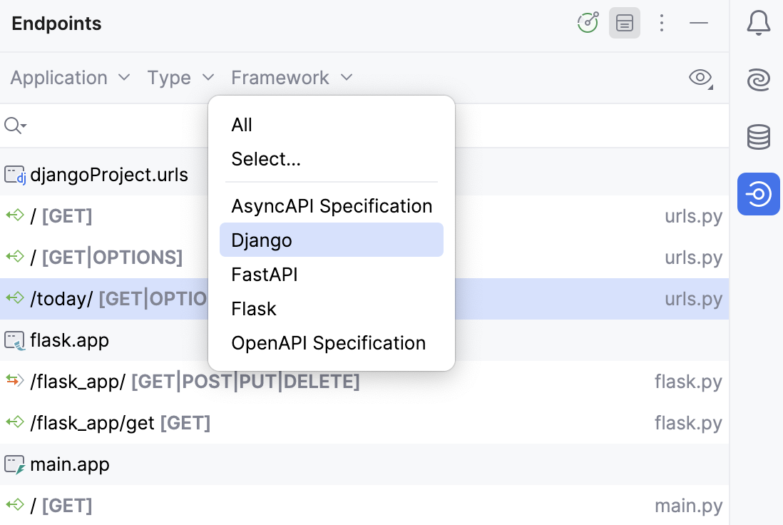 Endpoints 工具窗口:按框架筛选 Endpoints 工具窗口:按框架筛选