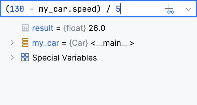 Result of an expression in the Variables tab Result of an expression in the Variables tab