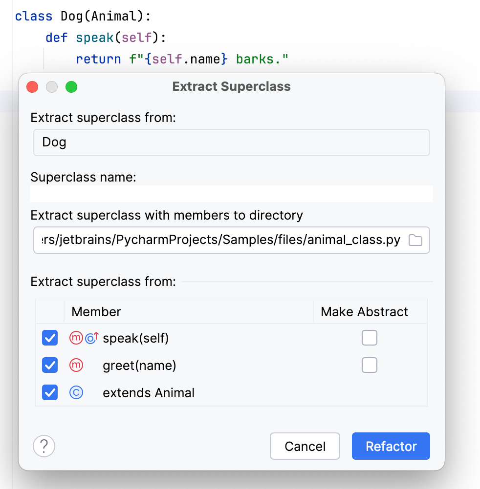 Extract Superclass dialog