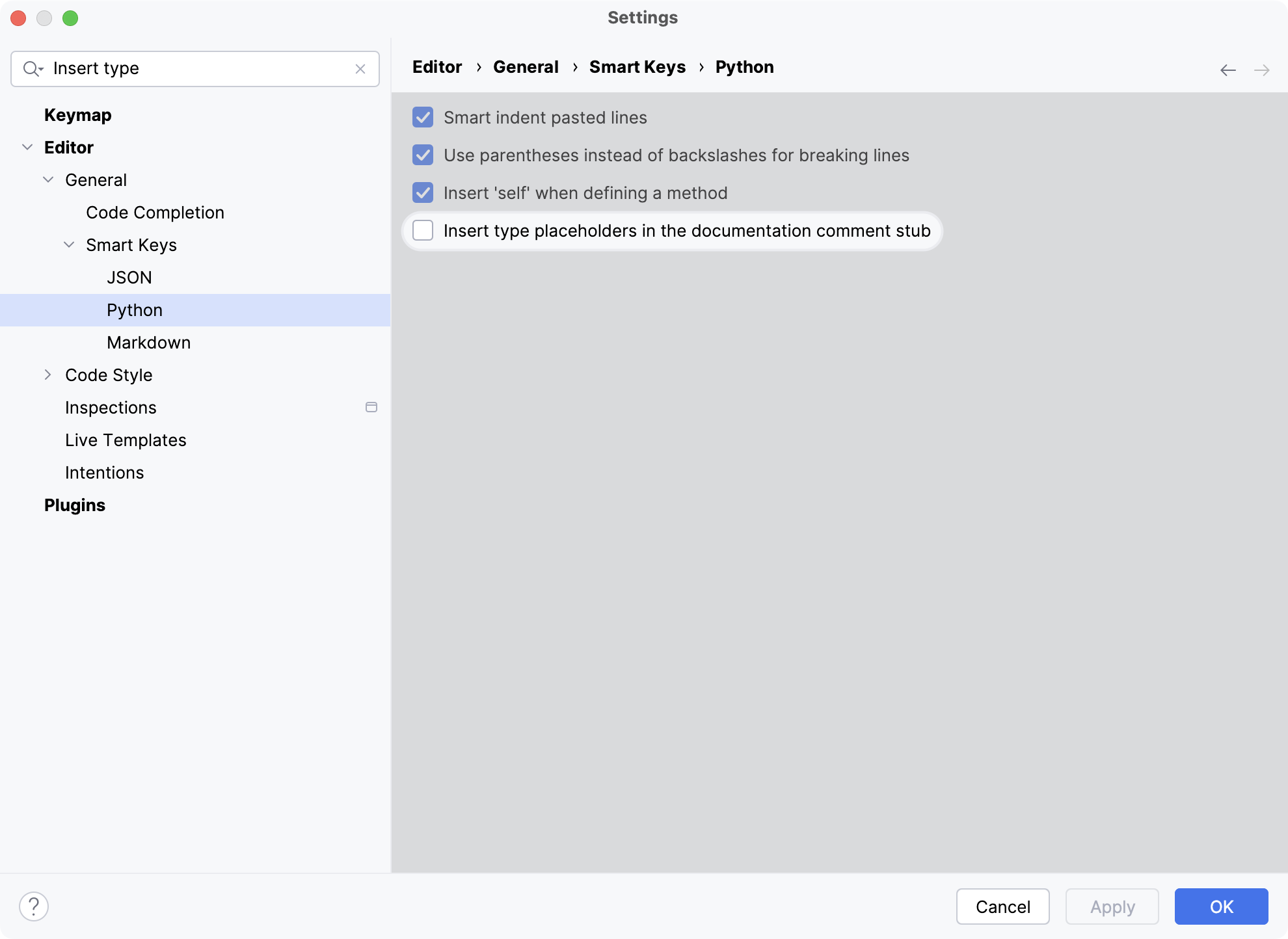 Insert type placeholder settings