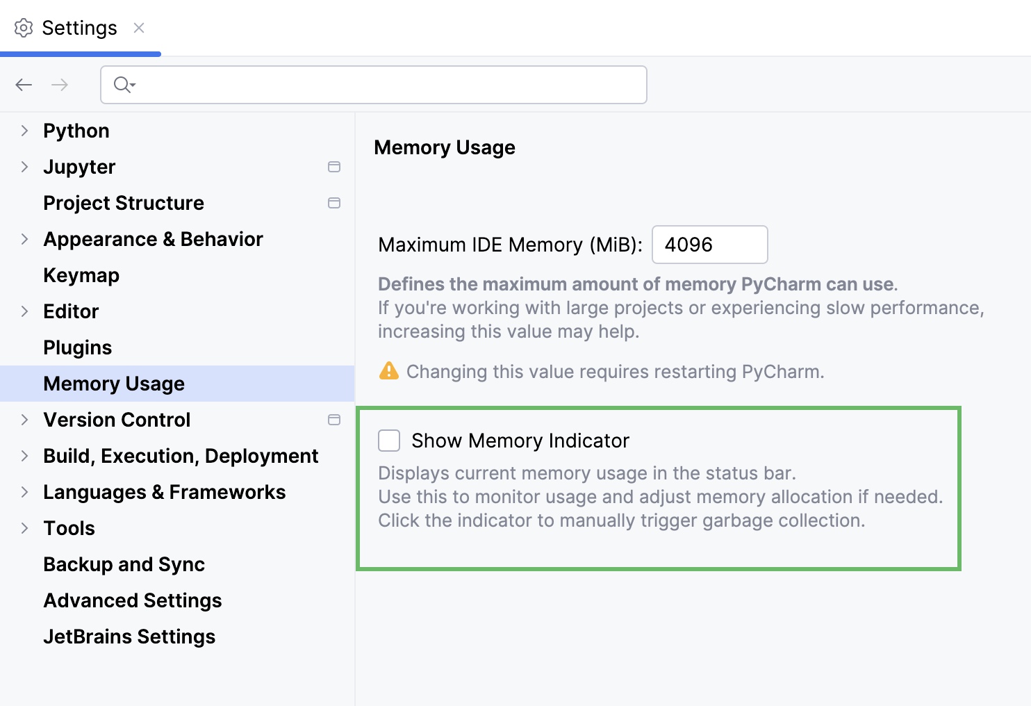 Memory Usage page opened in Settings