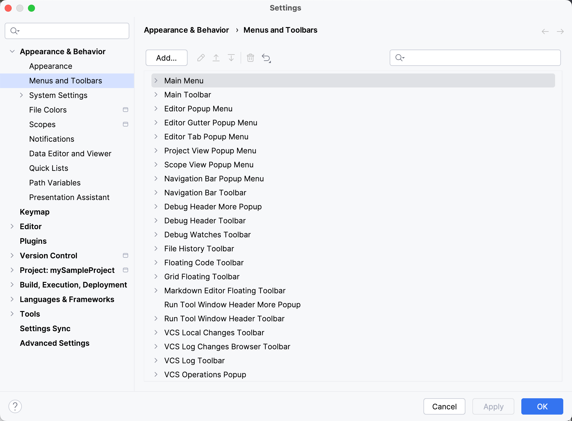 The Menus and Toolbars settings page The Menus and Toolbars settings page