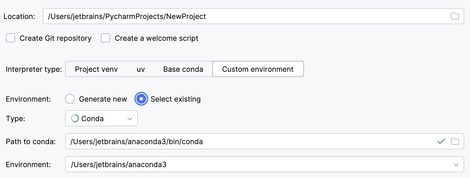 Selecting an existing conda interpreter for a new project
