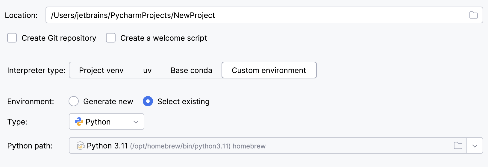 Selecting an existing interpreter for a new project