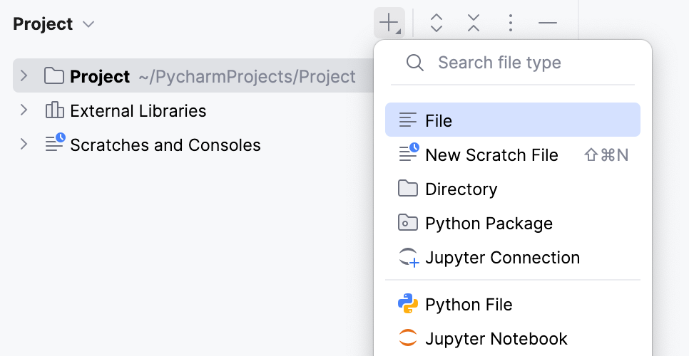 Add files from Project tool window toolbar