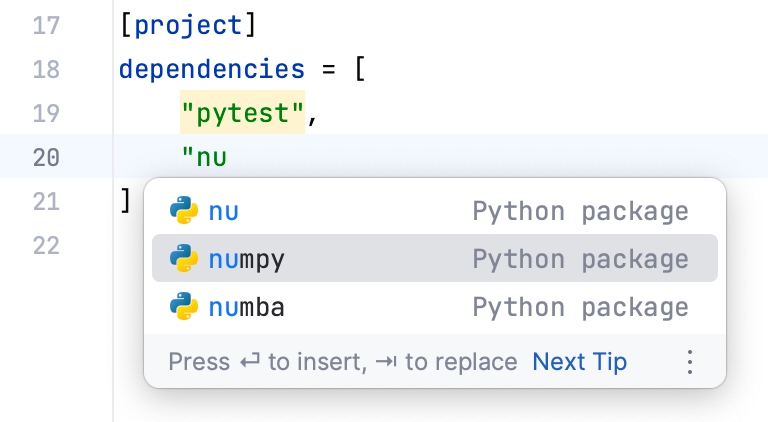 在 pyproject.toml 中为包名称提供代码补全