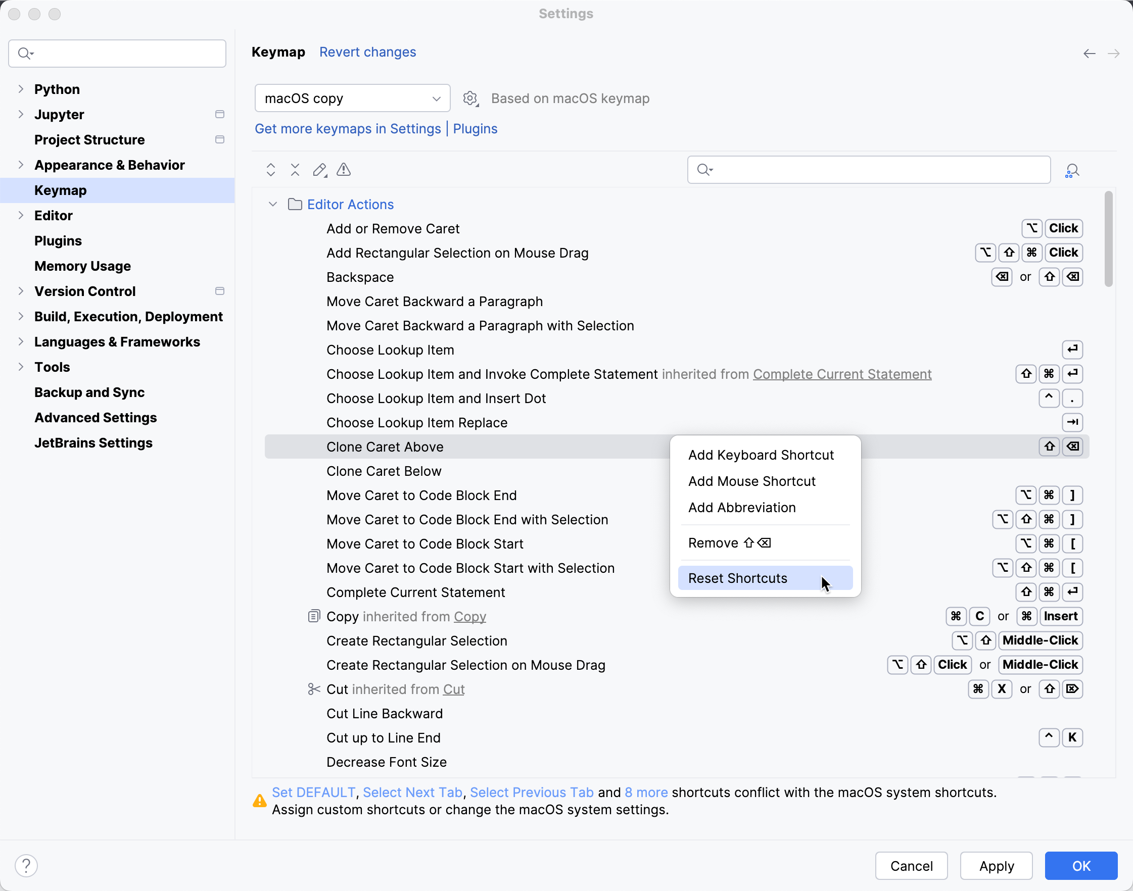Reset a modified or newly assigned shortcut