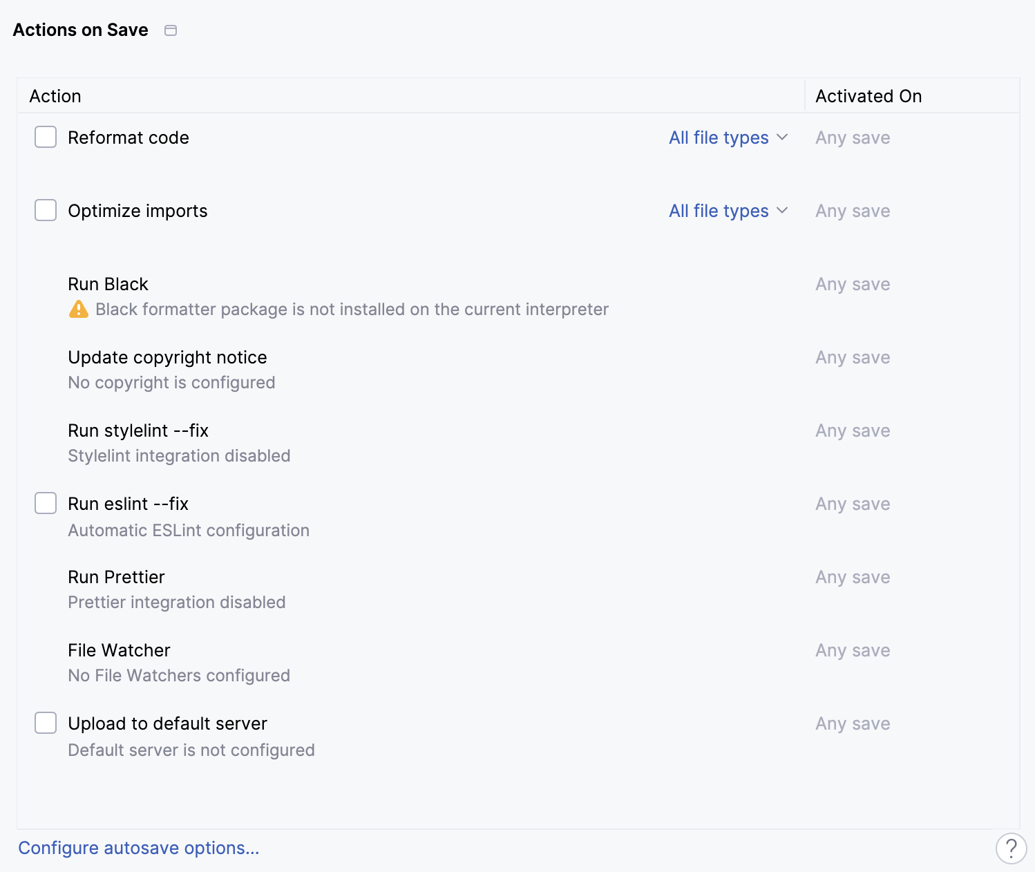 Configuring actions on save