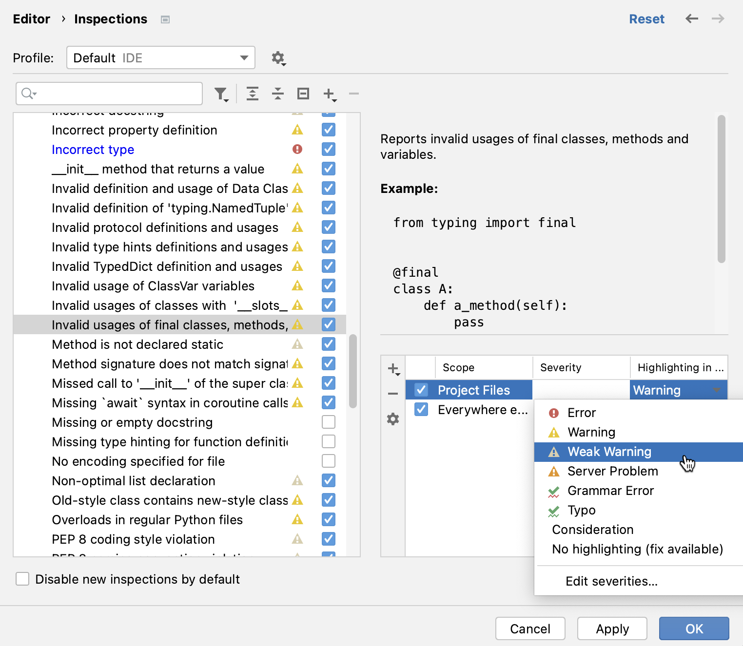 按范围更改检查严重性