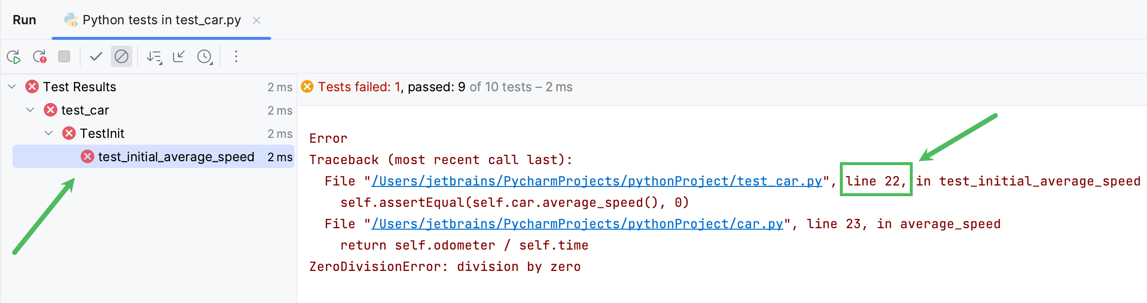 Selecting the failing test in the Run tool window Selecting the failing test in the Run tool window