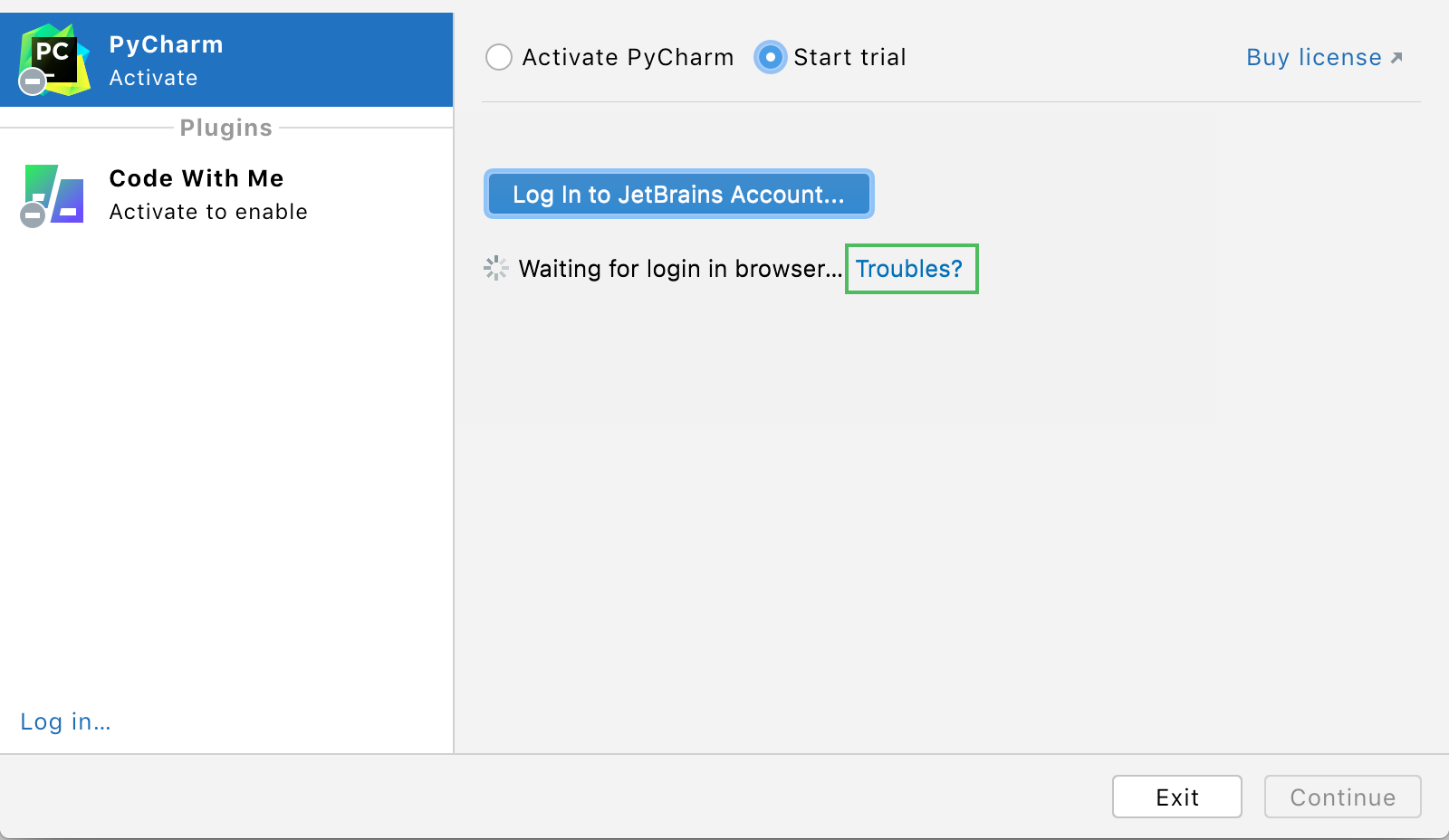 登录对话框中的“Troubles”按钮