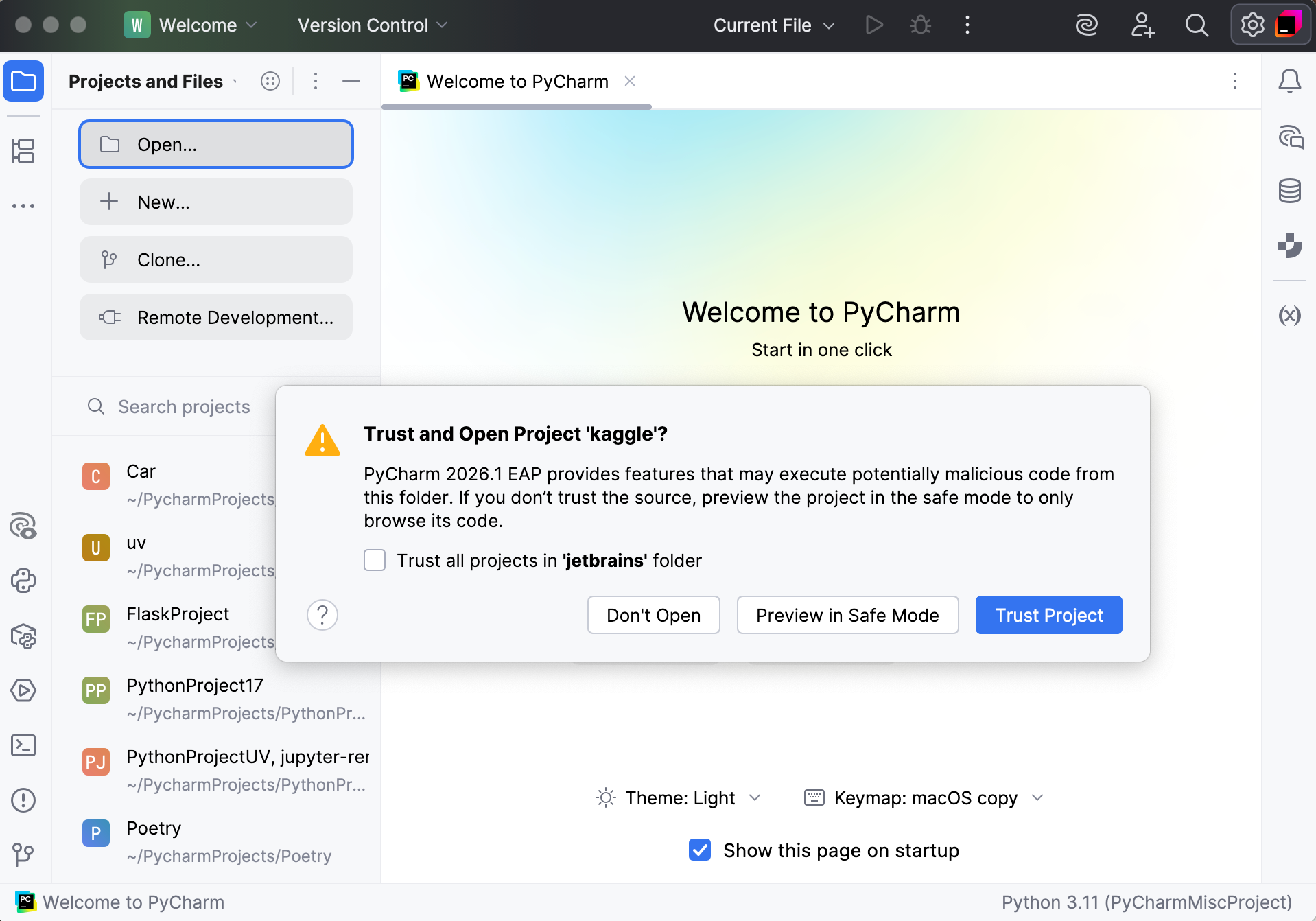Untrusted project warning Untrusted project warning