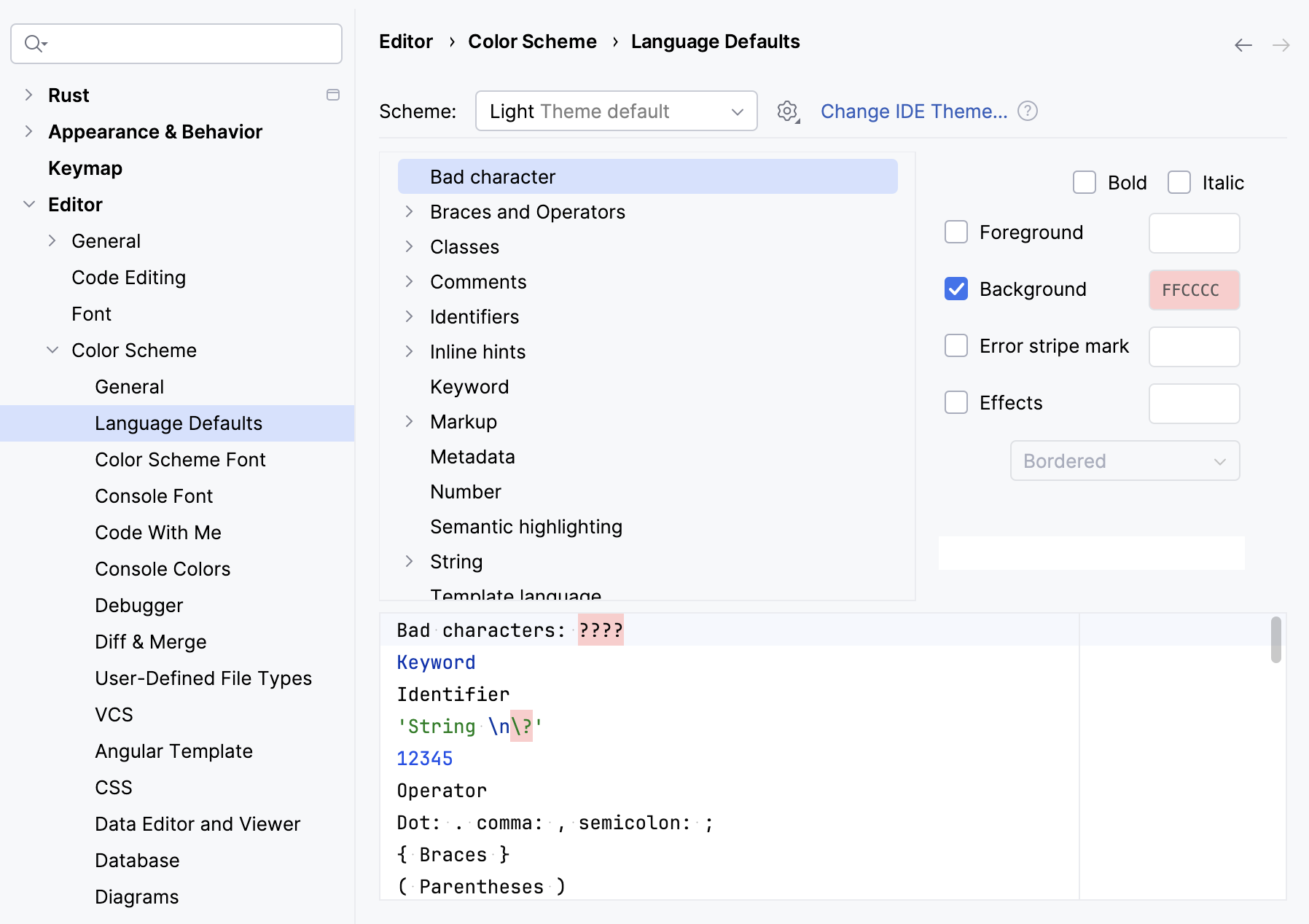 颜色方案设置下的语言默认部分