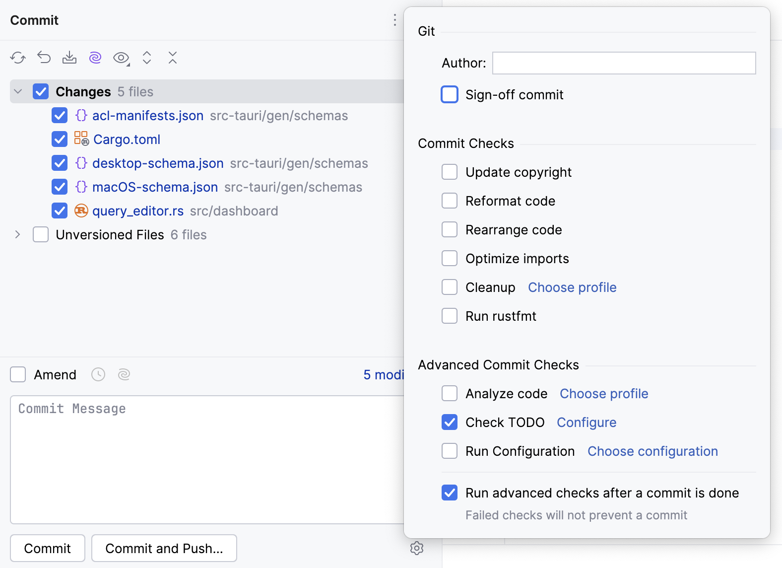 Advanced commit options popup