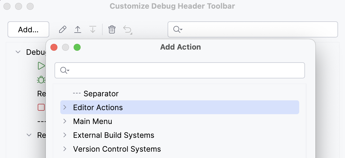 Customize Debugger Toolbar — Add Action dialog