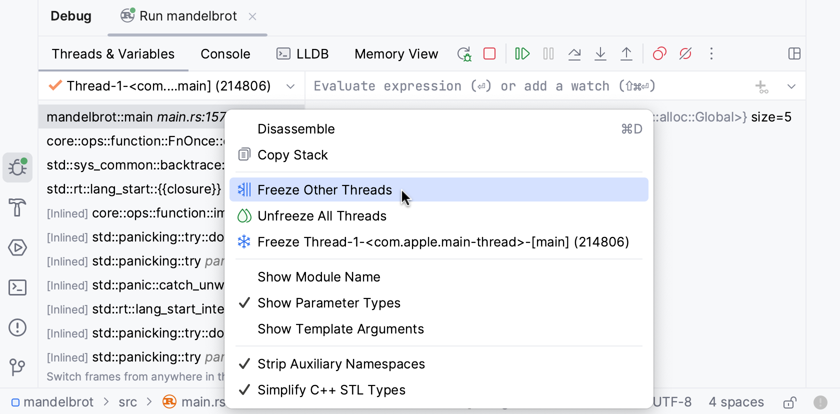 UI options in the Debug tool window UI options in the Debug tool window