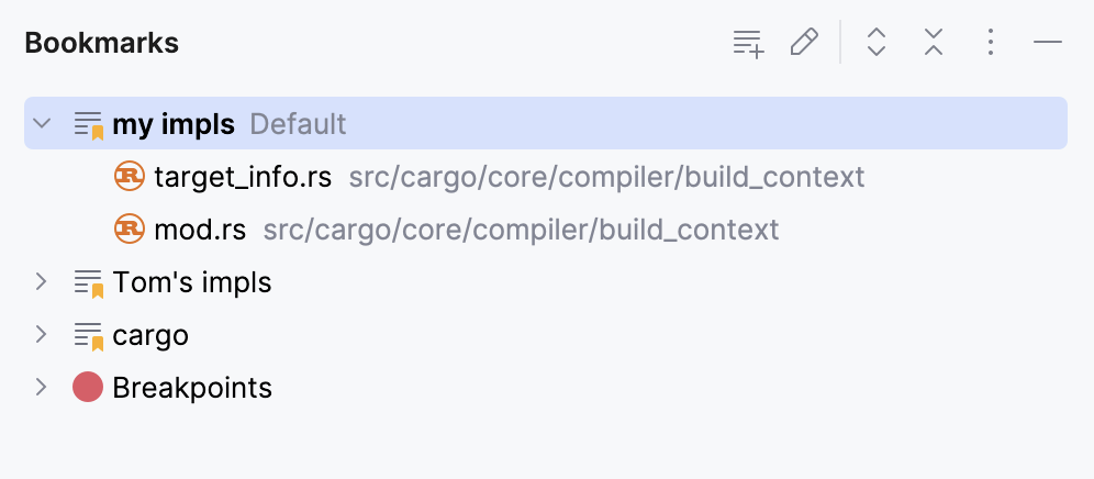 书签工具窗口中的默认列表