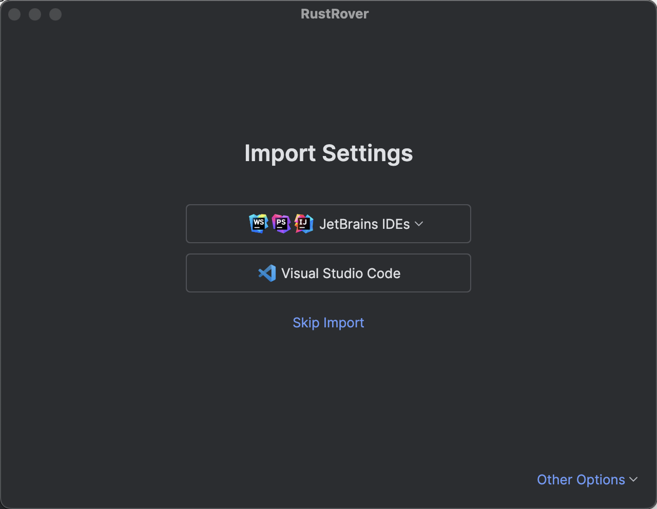 The Import Settings dialog with the cursor on the Visual Studio Code button The Import Settings dialog with the cursor on the Visual Studio Code button