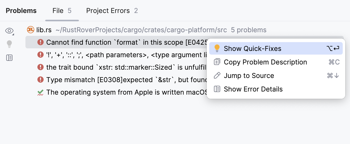 问题工具窗口的“文件”选项卡