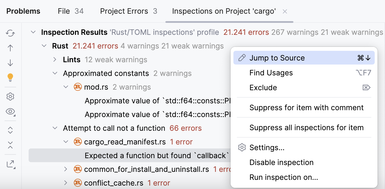 问题工具窗口的“检查”选项卡