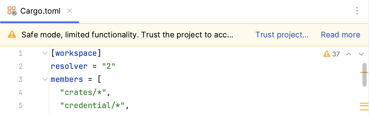 在安全模式下针对不受信任项目的编辑器内通知